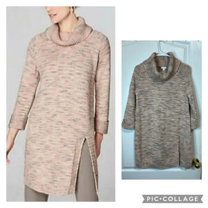 J.Jill Pink Grey Marled 3/4 Sleevve Cowl Neck Side Slit Tunic Sweater size S